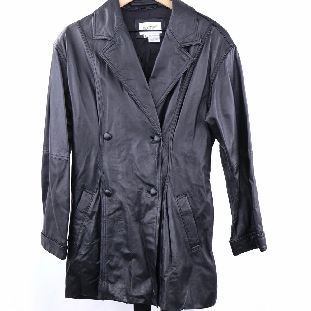 Vintage Together Black Leather Trench Coat Womens Medium Belted Long Jacket 90s‎